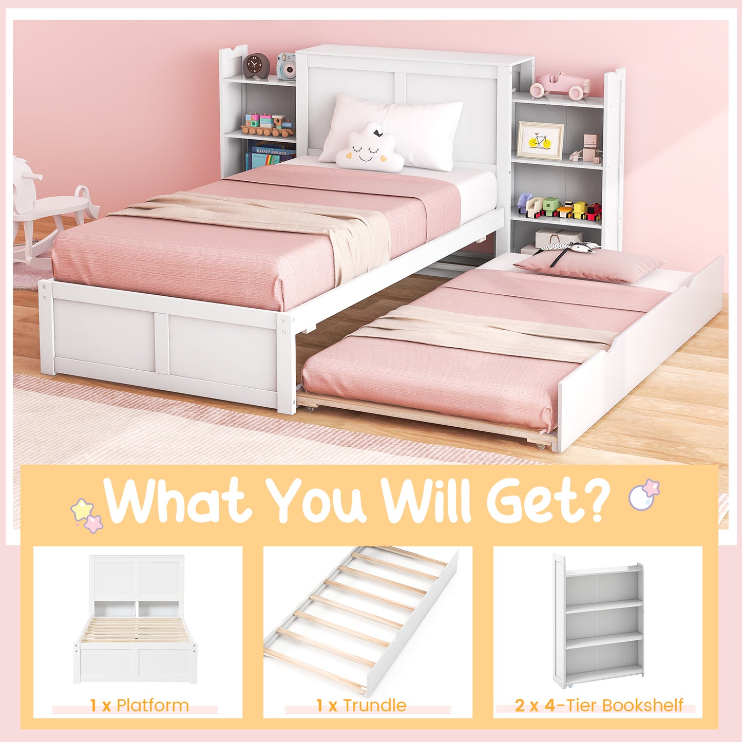 Twin/Full Kids Wooden Platform Bed with Trundle Storage Headboard-Twin Size Kids Crystal