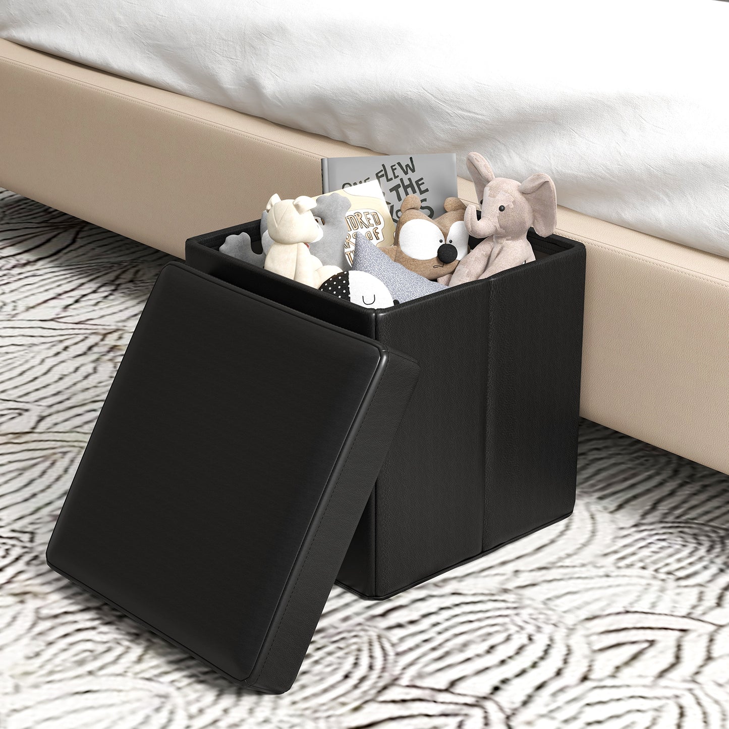 Upholstered Square Footstool with PVC Leather Surface for Bedroom-Black Kids Crystal