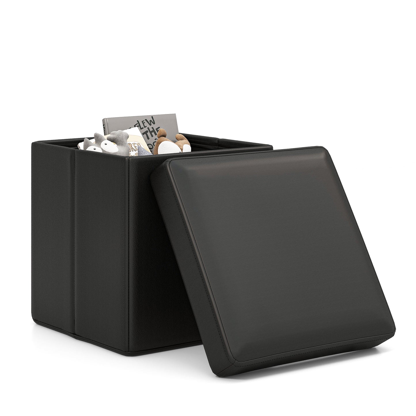Upholstered Square Footstool with PVC Leather Surface for Bedroom-Black Kids Crystal