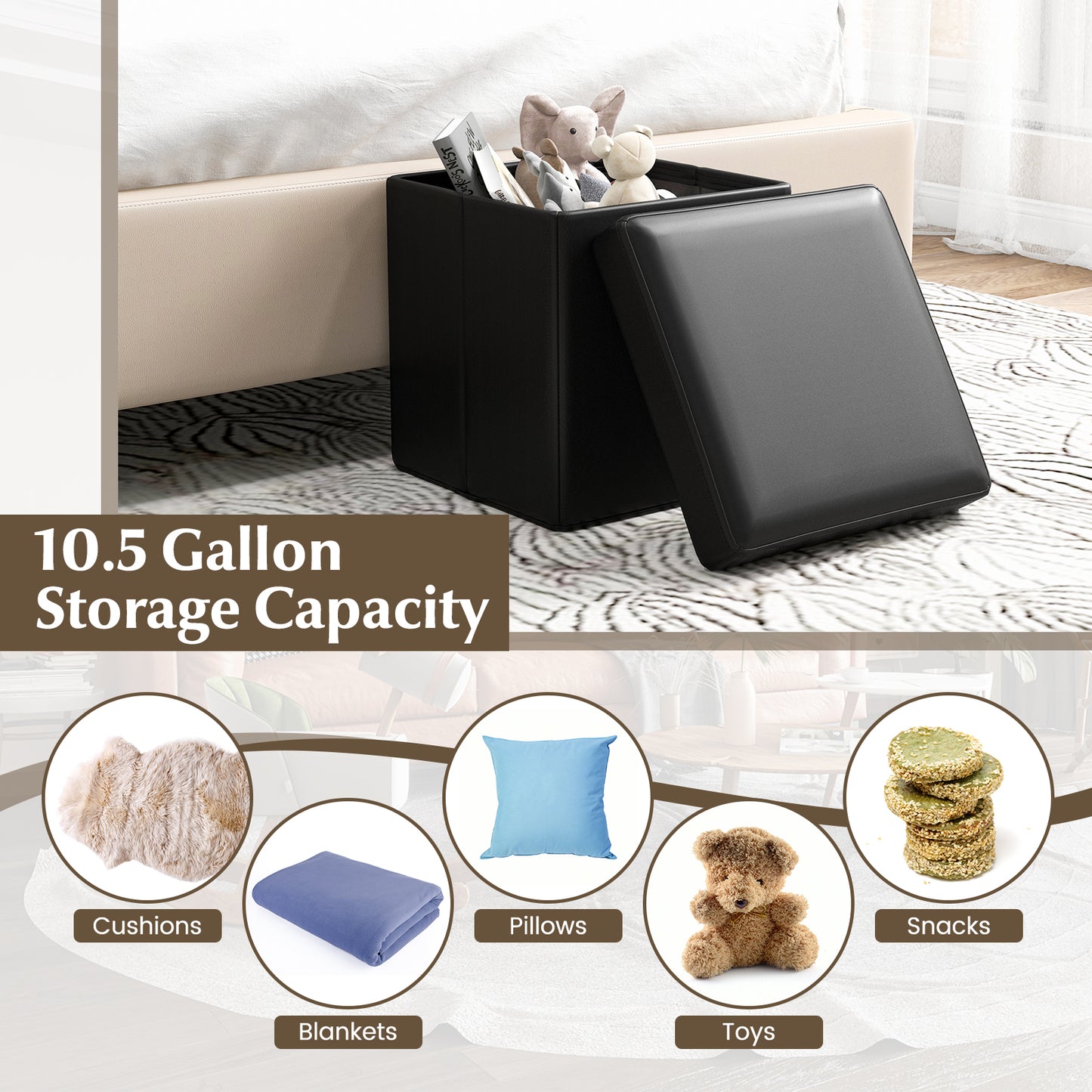 Upholstered Square Footstool with PVC Leather Surface for Bedroom-Black Kids Crystal