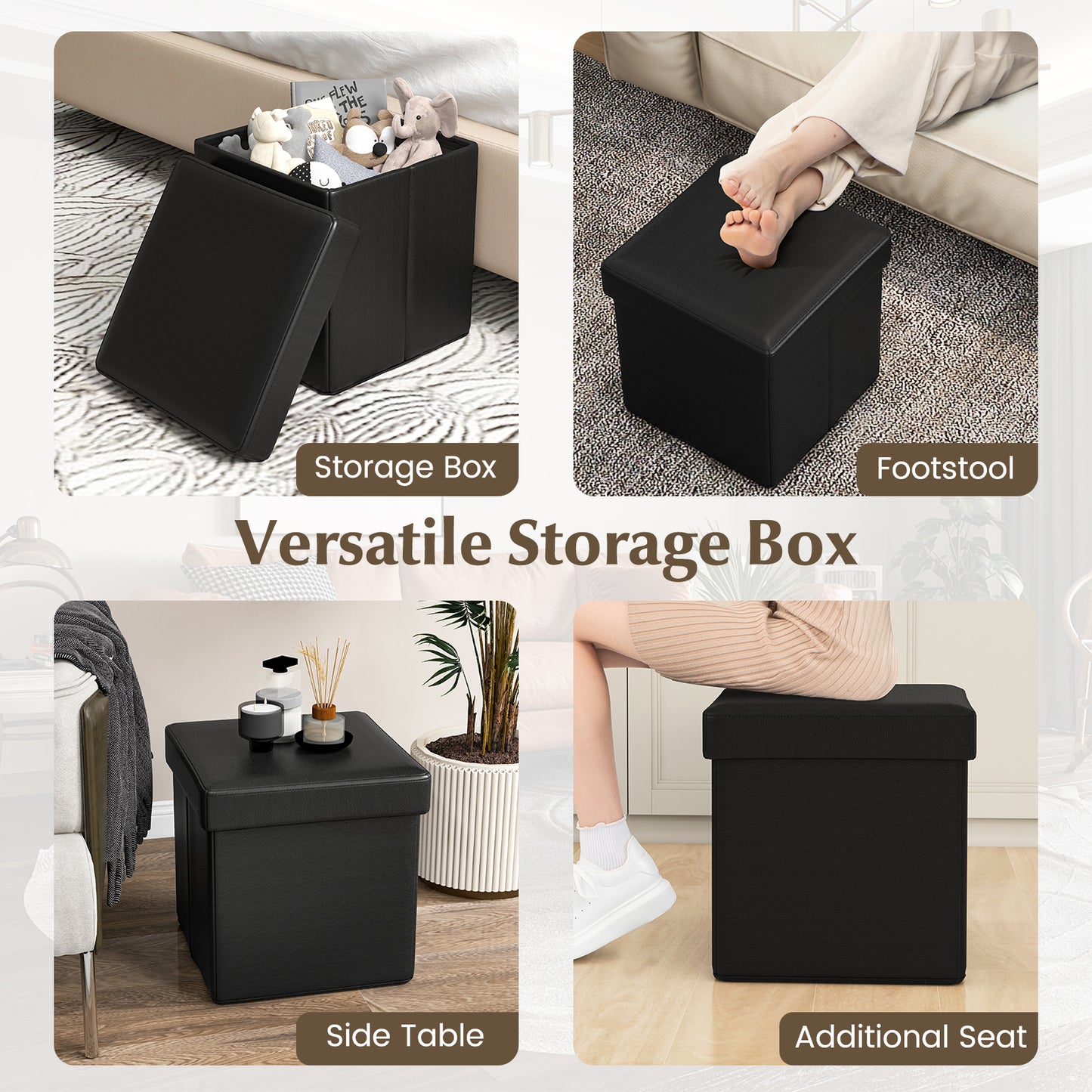 Upholstered Square Footstool with PVC Leather Surface for Bedroom-Black Kids Crystal