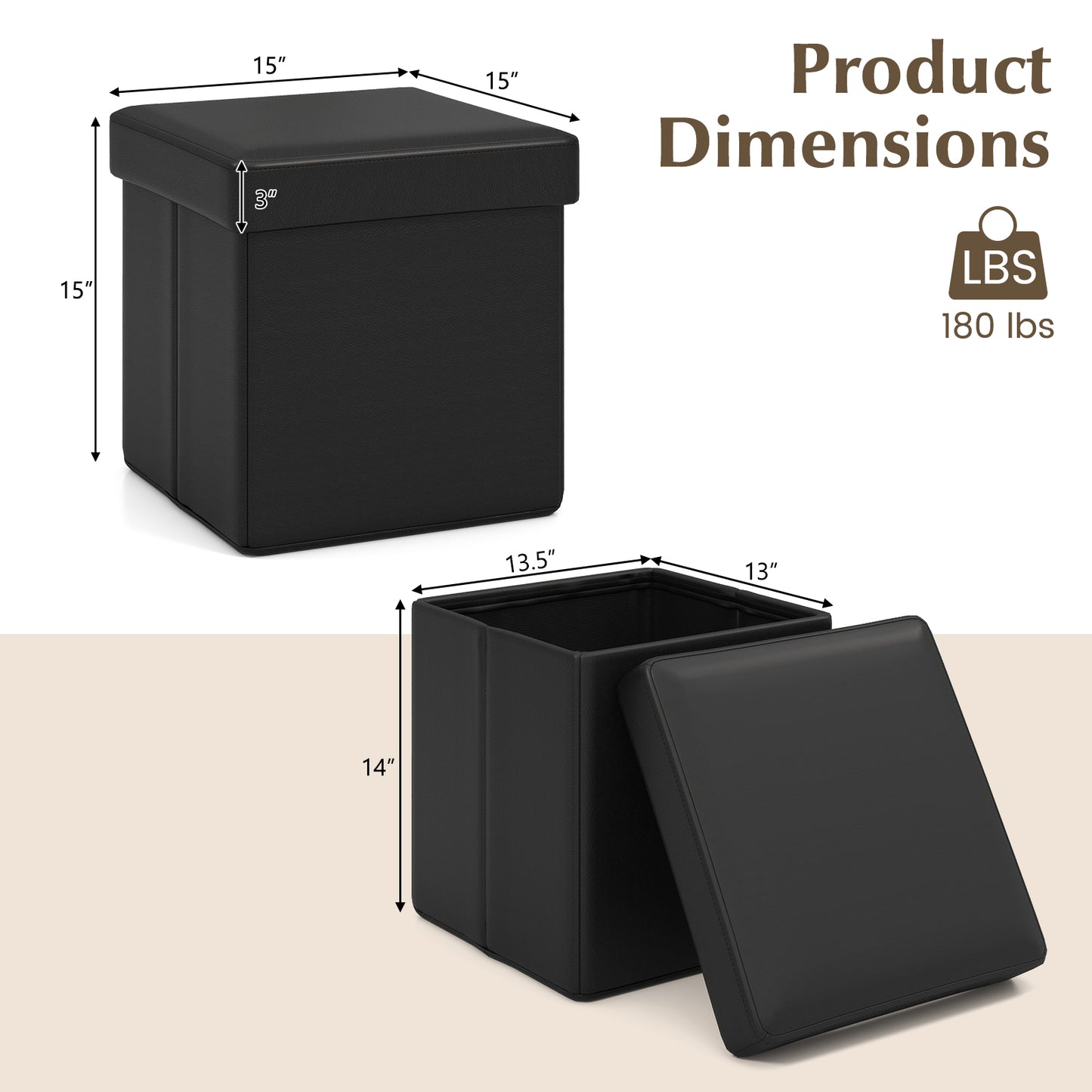 Upholstered Square Footstool with PVC Leather Surface for Bedroom-Black Kids Crystal