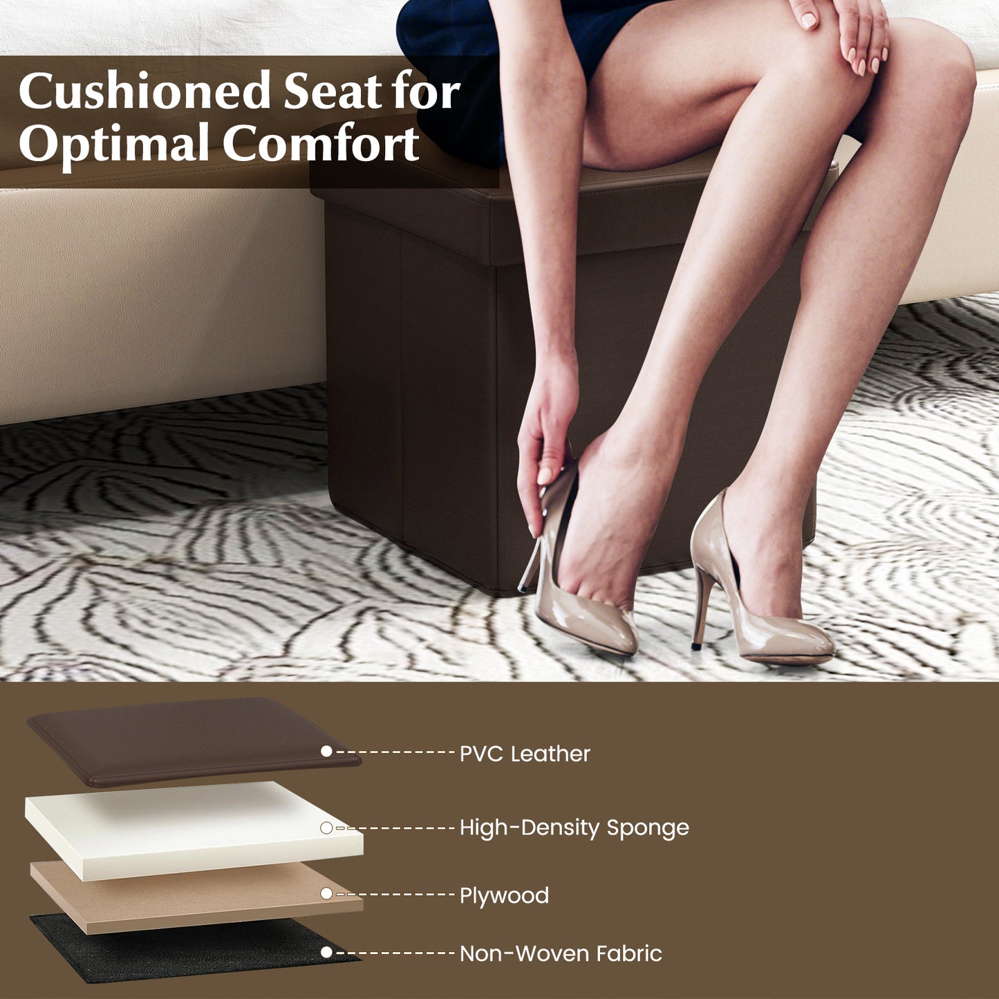 Upholstered Square Footstool with PVC Leather Surface for Bedroom-Brown Kids Crystal