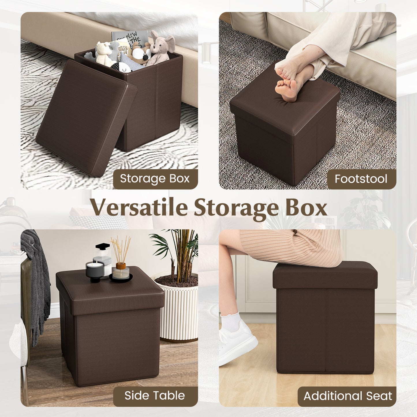 Upholstered Square Footstool with PVC Leather Surface for Bedroom-Brown Kids Crystal