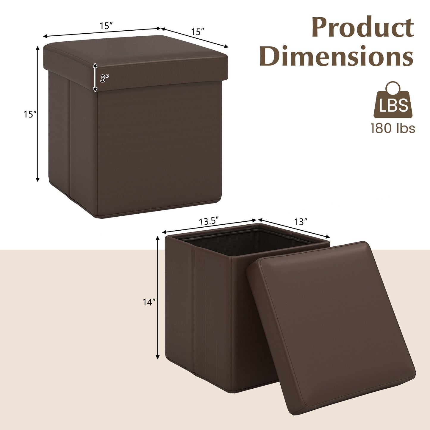 Upholstered Square Footstool with PVC Leather Surface for Bedroom-Brown Kids Crystal