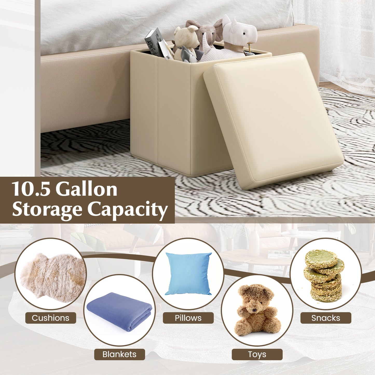 Upholstered Square Footstool with PVC Leather Surface for Bedroom-White Kids Crystal