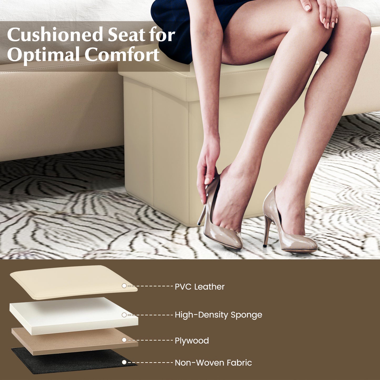 Upholstered Square Footstool with PVC Leather Surface for Bedroom-White Kids Crystal