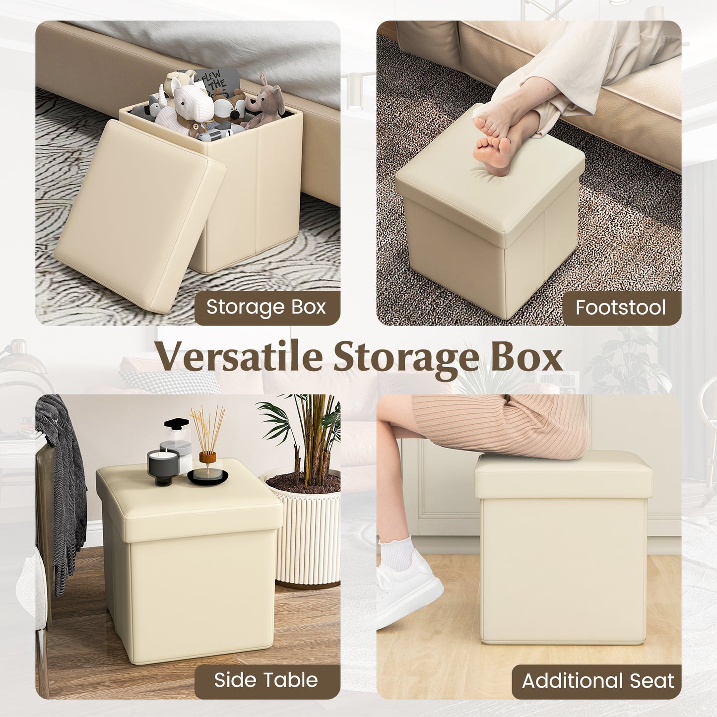 Upholstered Square Footstool with PVC Leather Surface for Bedroom-White Kids Crystal