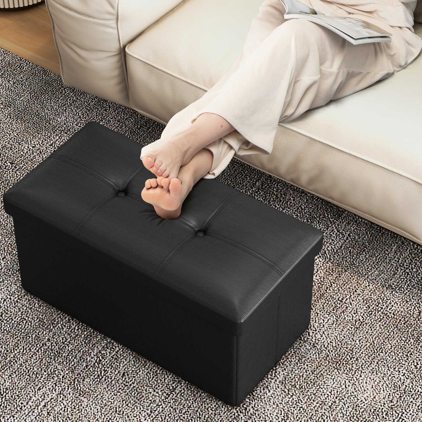 Upholstered Rectangle Footstool with PVC Leather Surface and Storage Function-Black Kids Crystal