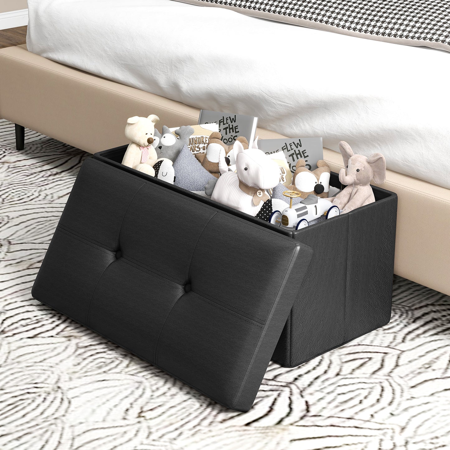 Upholstered Rectangle Footstool with PVC Leather Surface and Storage Function-Black Kids Crystal