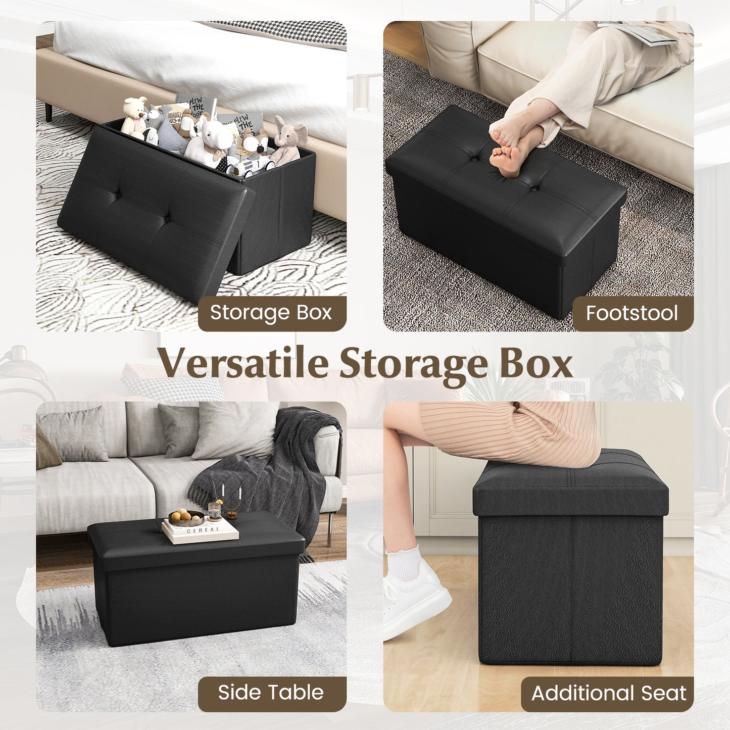 Upholstered Rectangle Footstool with PVC Leather Surface and Storage Function-Black Kids Crystal