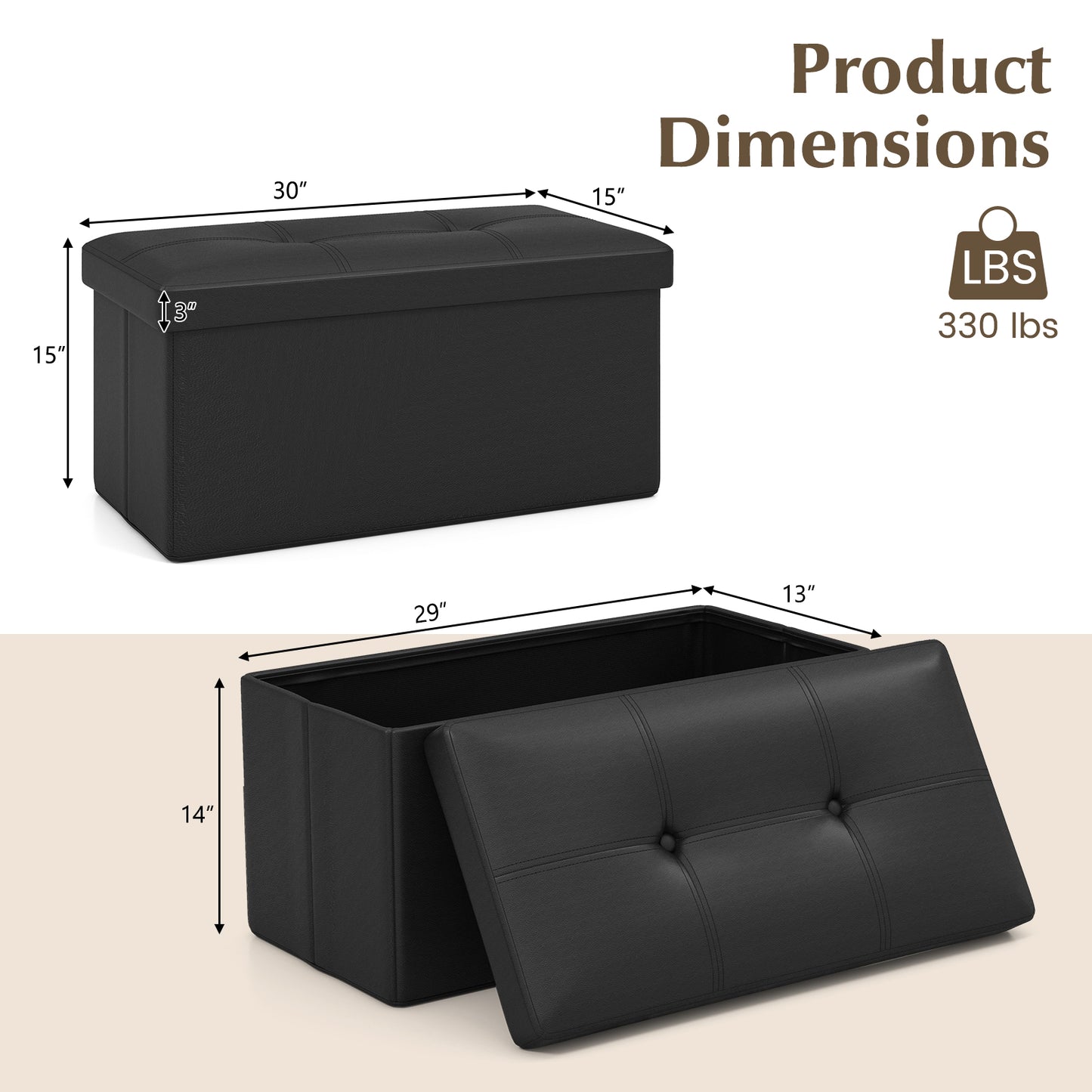 Upholstered Rectangle Footstool with PVC Leather Surface and Storage Function-Black Kids Crystal