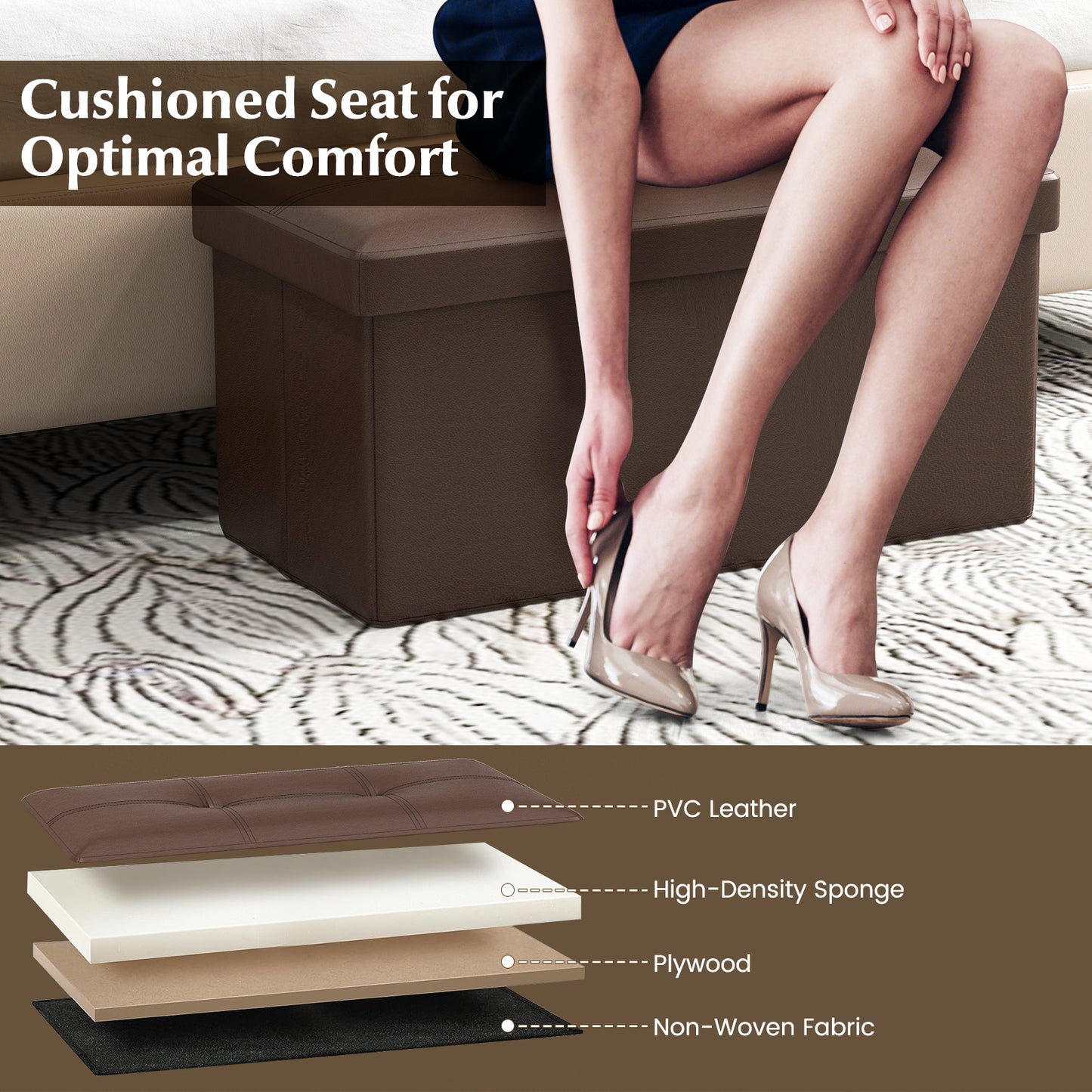 Upholstered Rectangle Footstool with PVC Leather Surface and Storage Function-Brown Kids Crystal