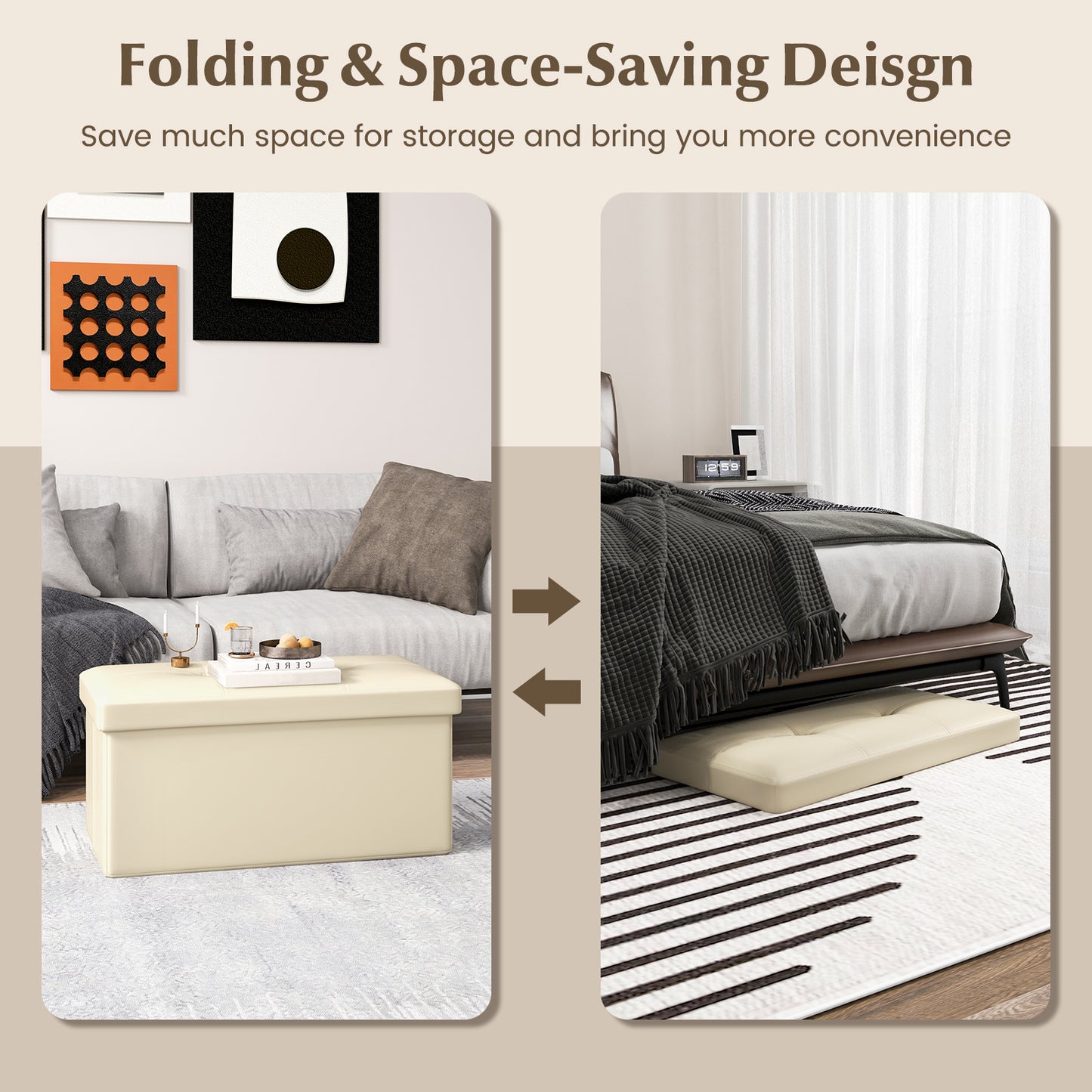 Upholstered Rectangle Footstool with PVC Leather Surface and Storage Function-White Kids Crystal