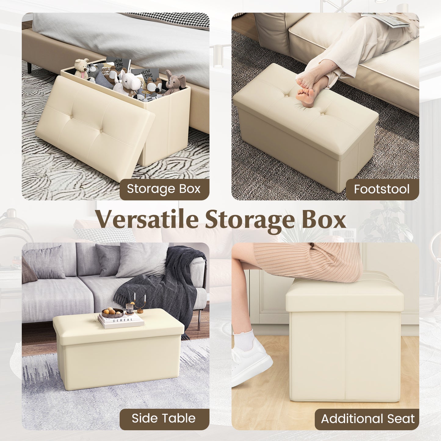 Upholstered Rectangle Footstool with PVC Leather Surface and Storage Function-White Kids Crystal