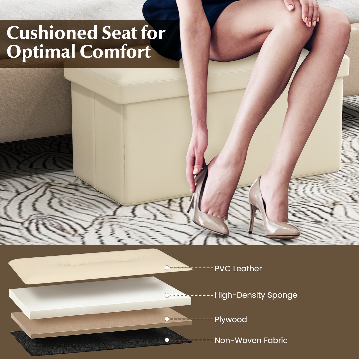 Upholstered Rectangle Footstool with PVC Leather Surface and Storage Function-White Kids Crystal