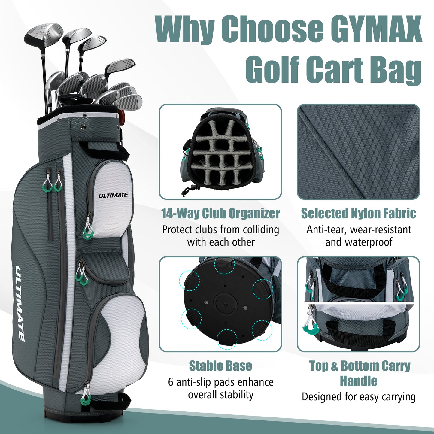 14 Dividers Golf Cart Bag with 7 Zippered Pocket Kids Crystal