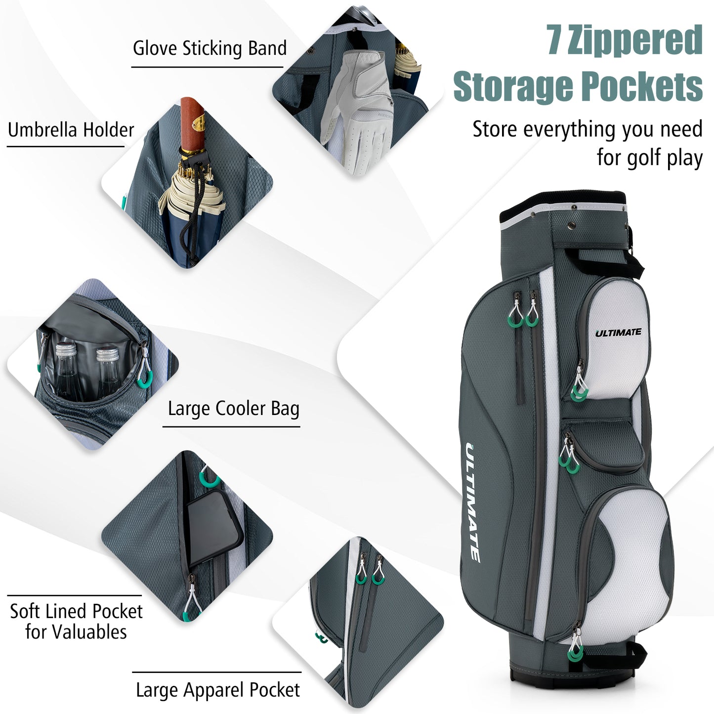 14 Dividers Golf Cart Bag with 7 Zippered Pocket Kids Crystal