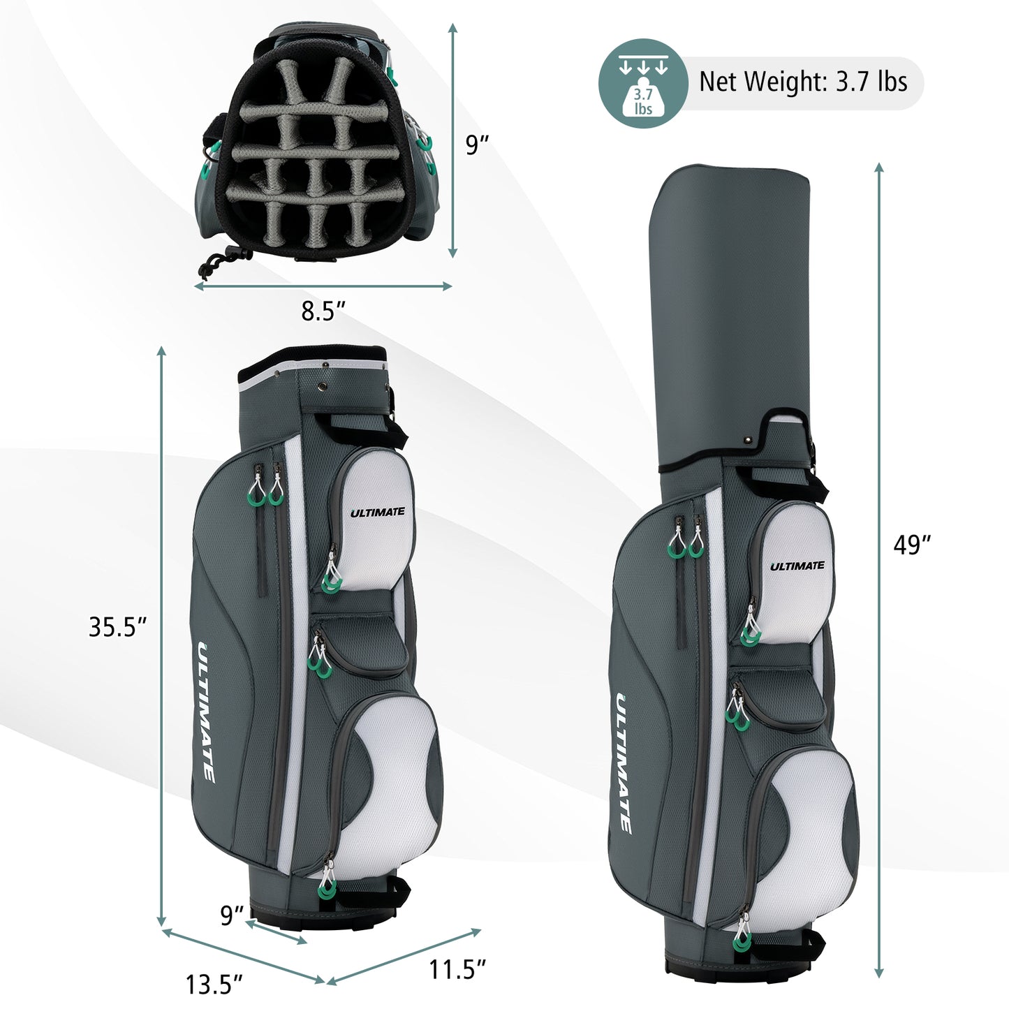 14 Dividers Golf Cart Bag with 7 Zippered Pocket Kids Crystal
