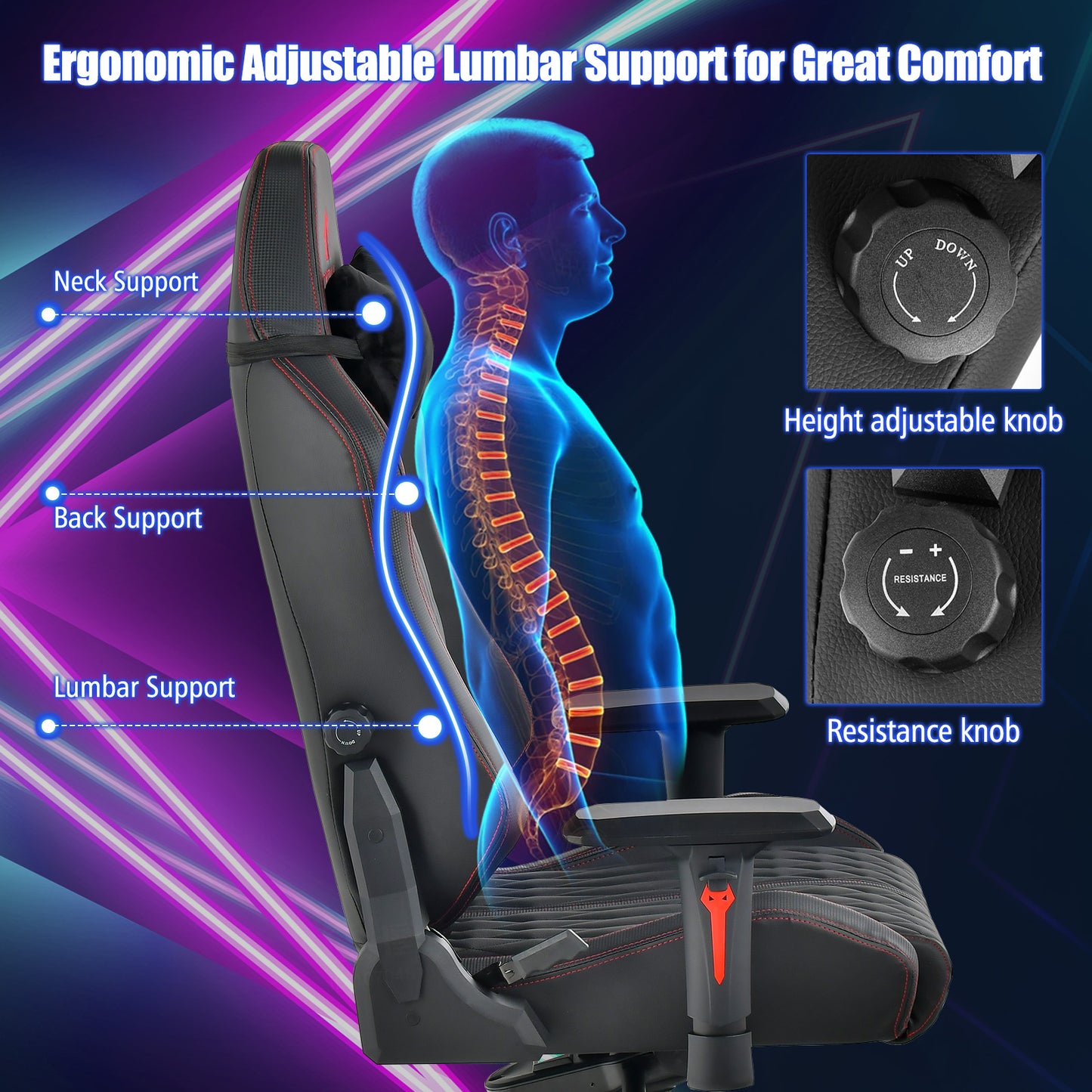 Adjustable Gaming Chair with Gas Lift 4D Armrest and Lumbar Support-Black Kids Crystal