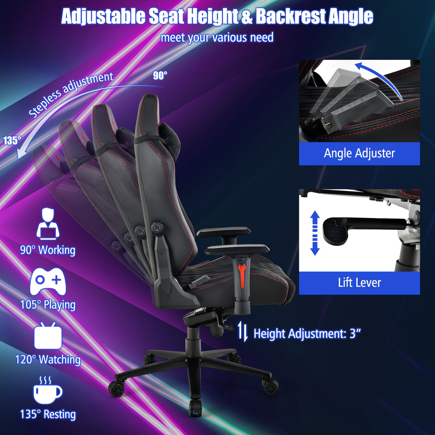 Adjustable Gaming Chair with Gas Lift 4D Armrest and Lumbar Support-Black Kids Crystal