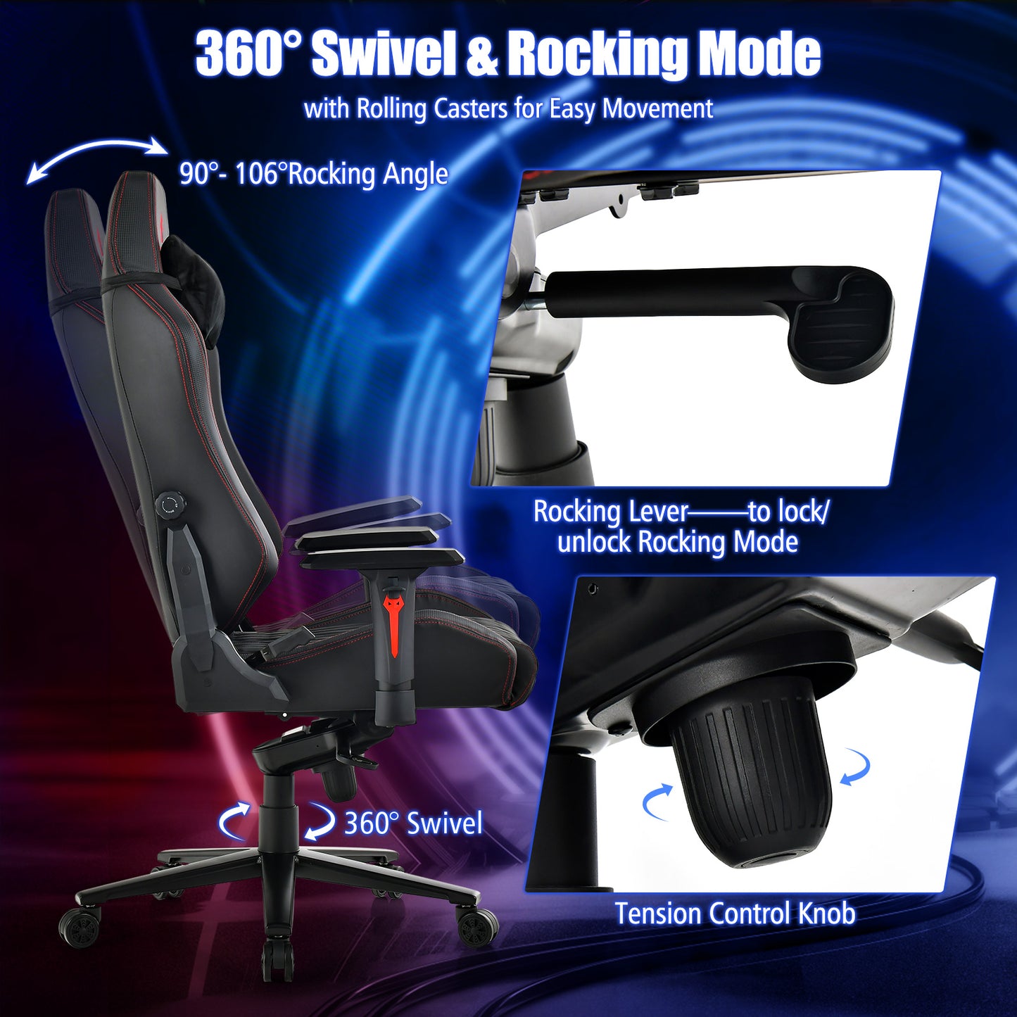 Adjustable Gaming Chair with Gas Lift 4D Armrest and Lumbar Support-Black Kids Crystal