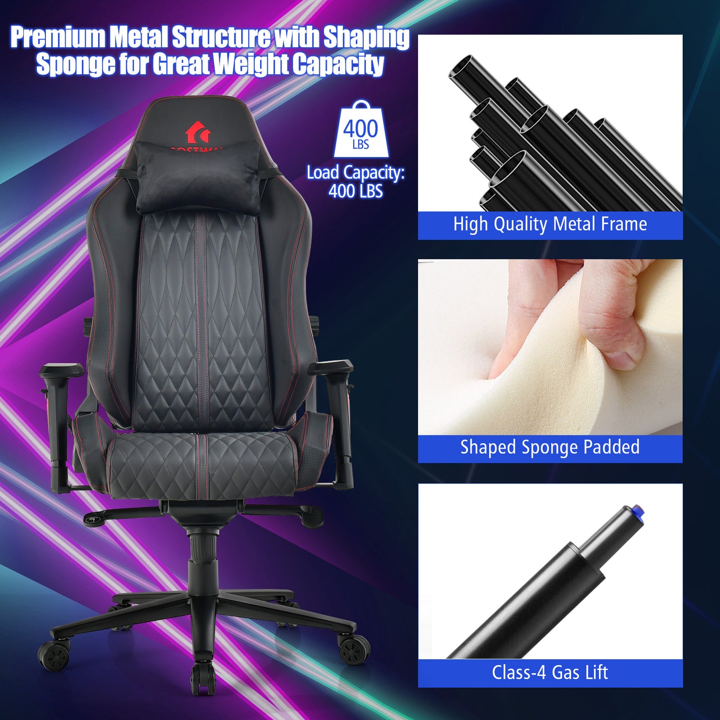 Adjustable Gaming Chair with Gas Lift 4D Armrest and Lumbar Support-Black Kids Crystal