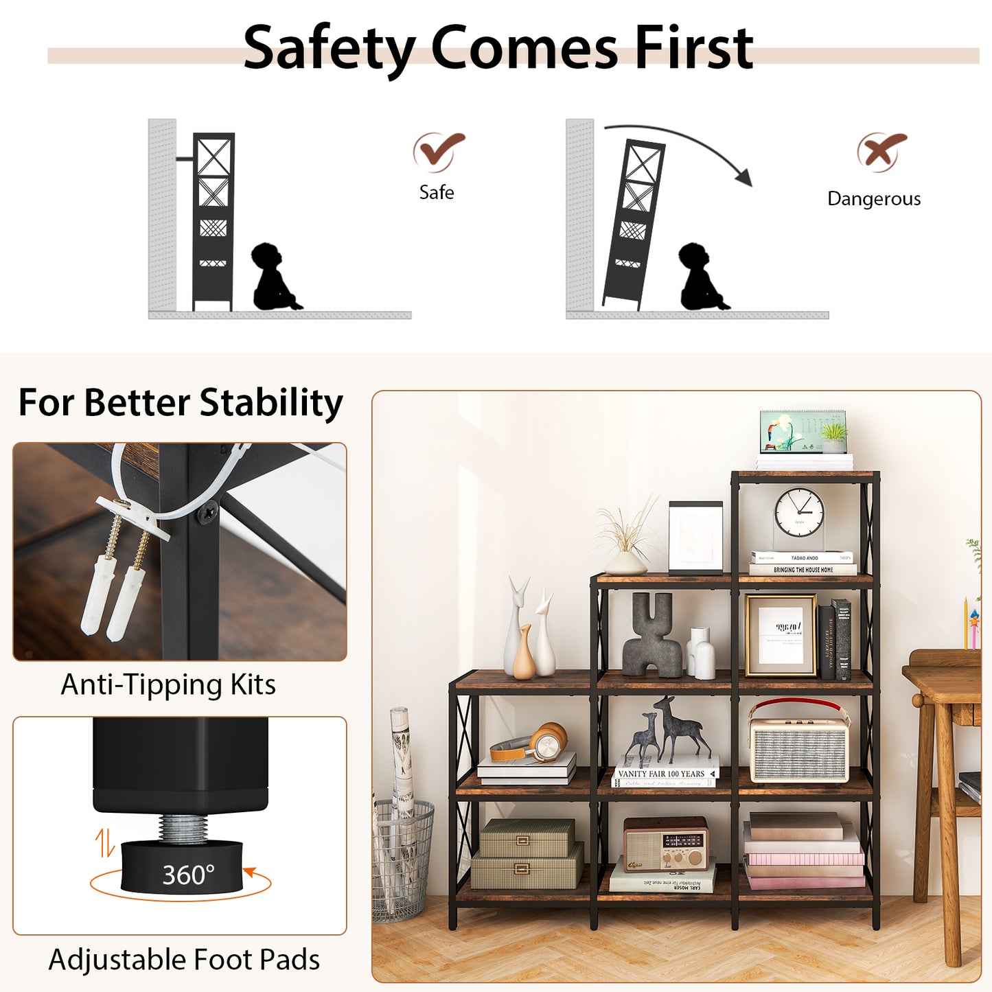 9 Cubes Bookcase with Carbon Steel Frame for Home Office-Rustic Brown Kids Crystal