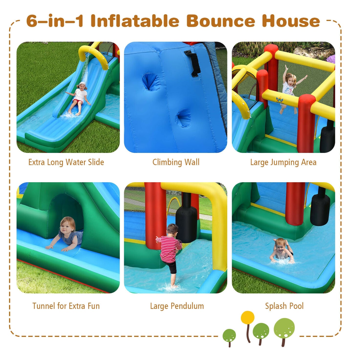 Inflatable Water Slide Climbing Bounce House with Tunnel and 735W Blower Kids Crystal