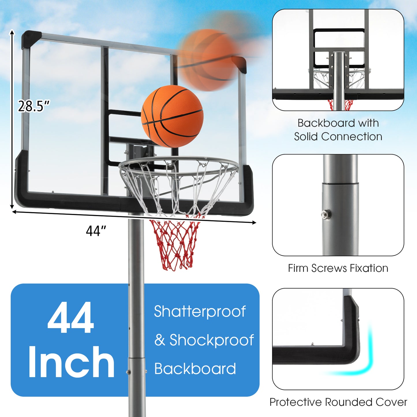Basketball Hoop with 5.4-6.6FT Adjustable Height and 50 Inch Backboard-Black Kids Crystal