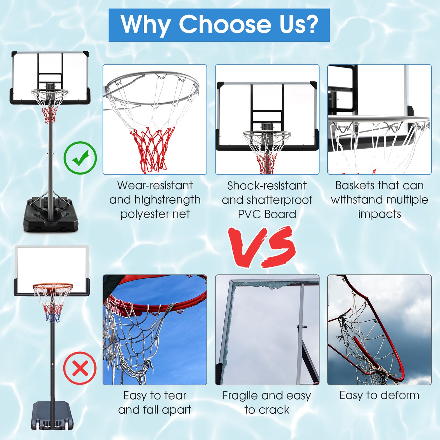 Basketball Hoop with 5.4-6.6FT Adjustable Height and 50 Inch Backboard-Black Kids Crystal
