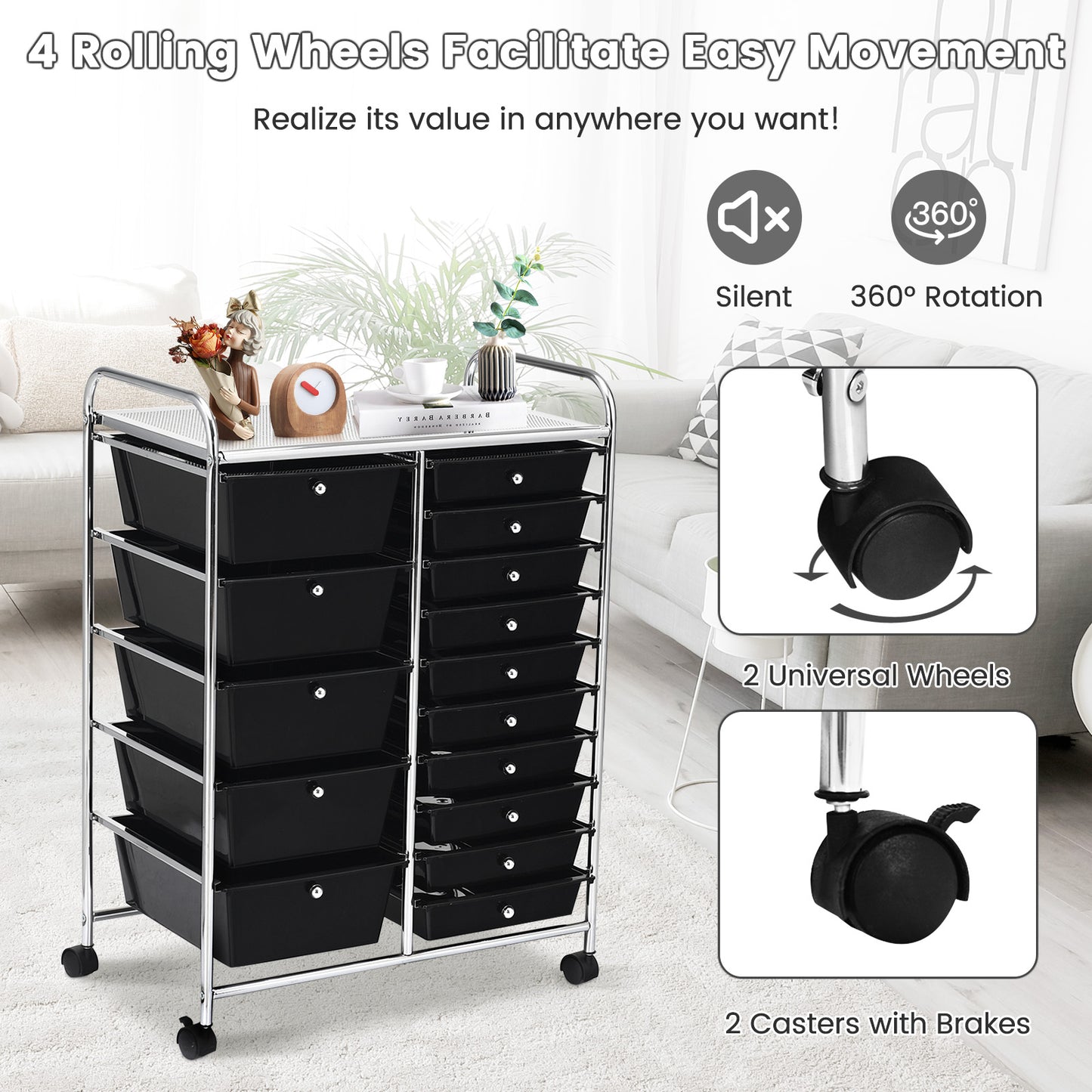 15-Drawer Utility Rolling Organizer Cart Multi-Use Storage-Black Kids Crystal
