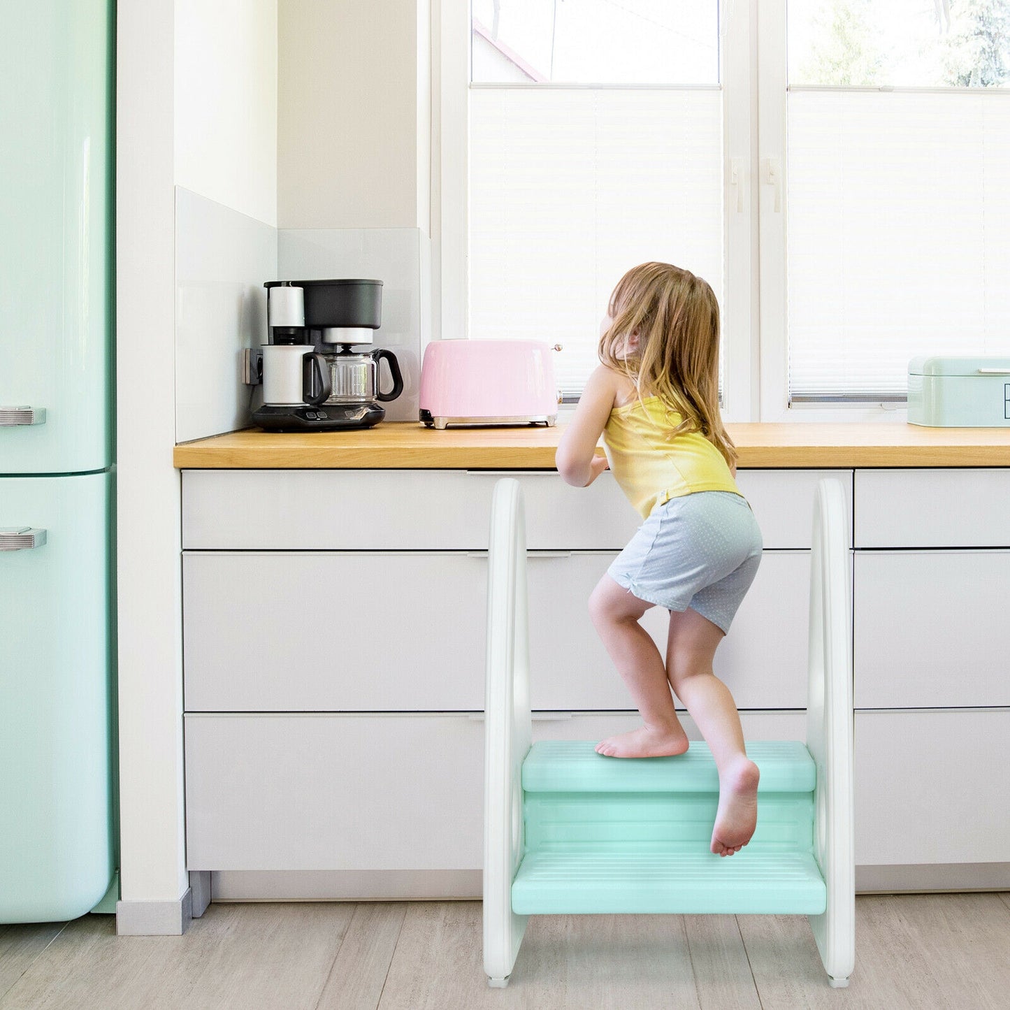 Kids Step Stool Learning Helper with Armrest for Kitchen Toilet Potty Training-Blue