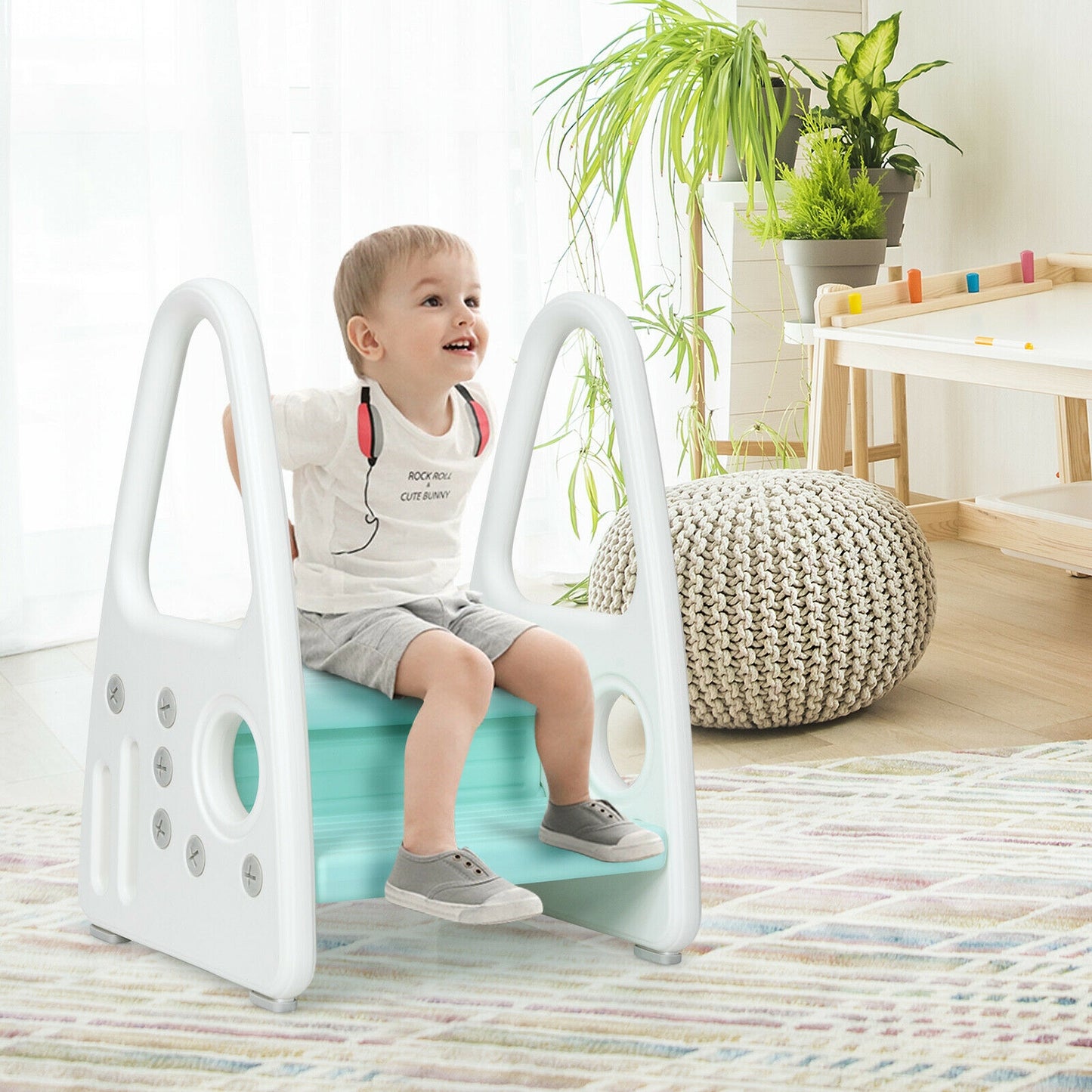Kids Step Stool Learning Helper with Armrest for Kitchen Toilet Potty Training-Blue
