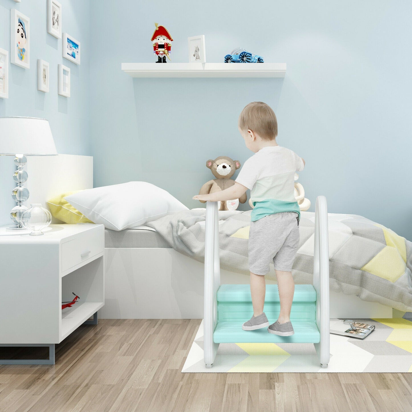 Kids Step Stool Learning Helper with Armrest for Kitchen Toilet Potty Training-Blue