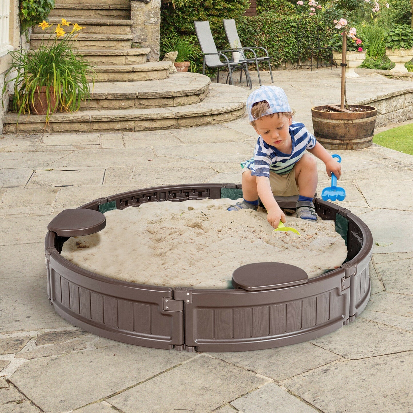 Sandbox with Built-in Corner Seat and Cover-Brown Kids Crystal