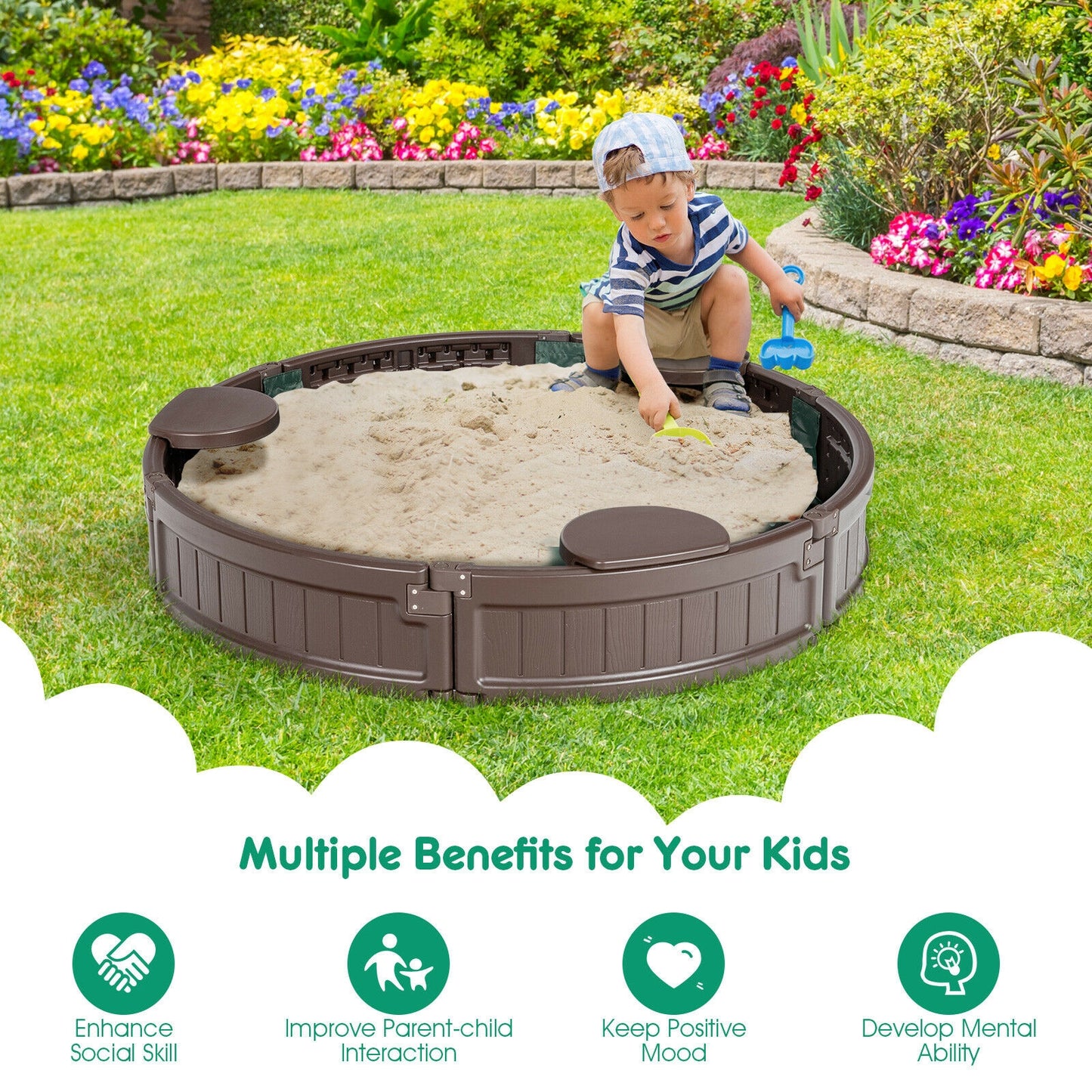 Sandbox with Built-in Corner Seat and Cover-Brown Kids Crystal