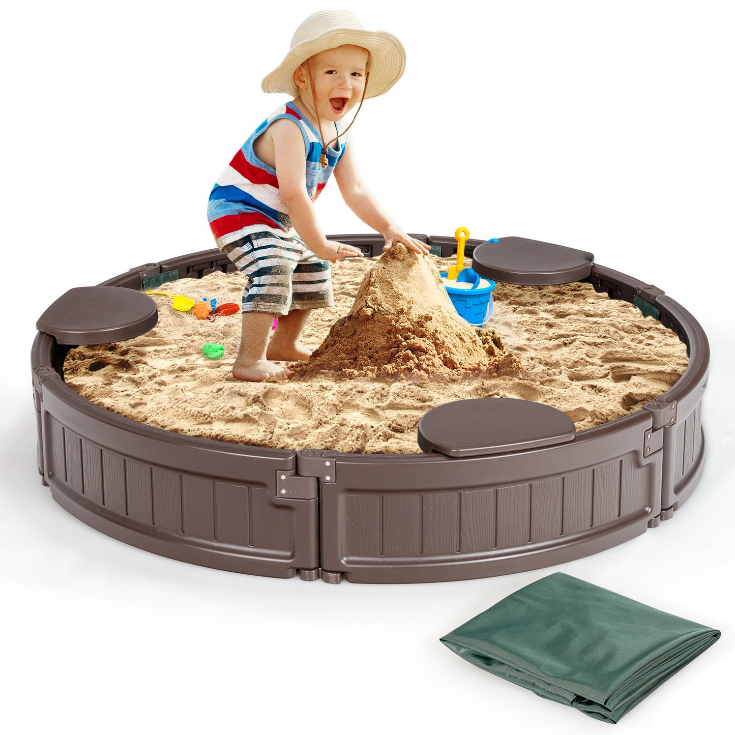 Sandbox with Built-in Corner Seat and Cover-Brown Kids Crystal
