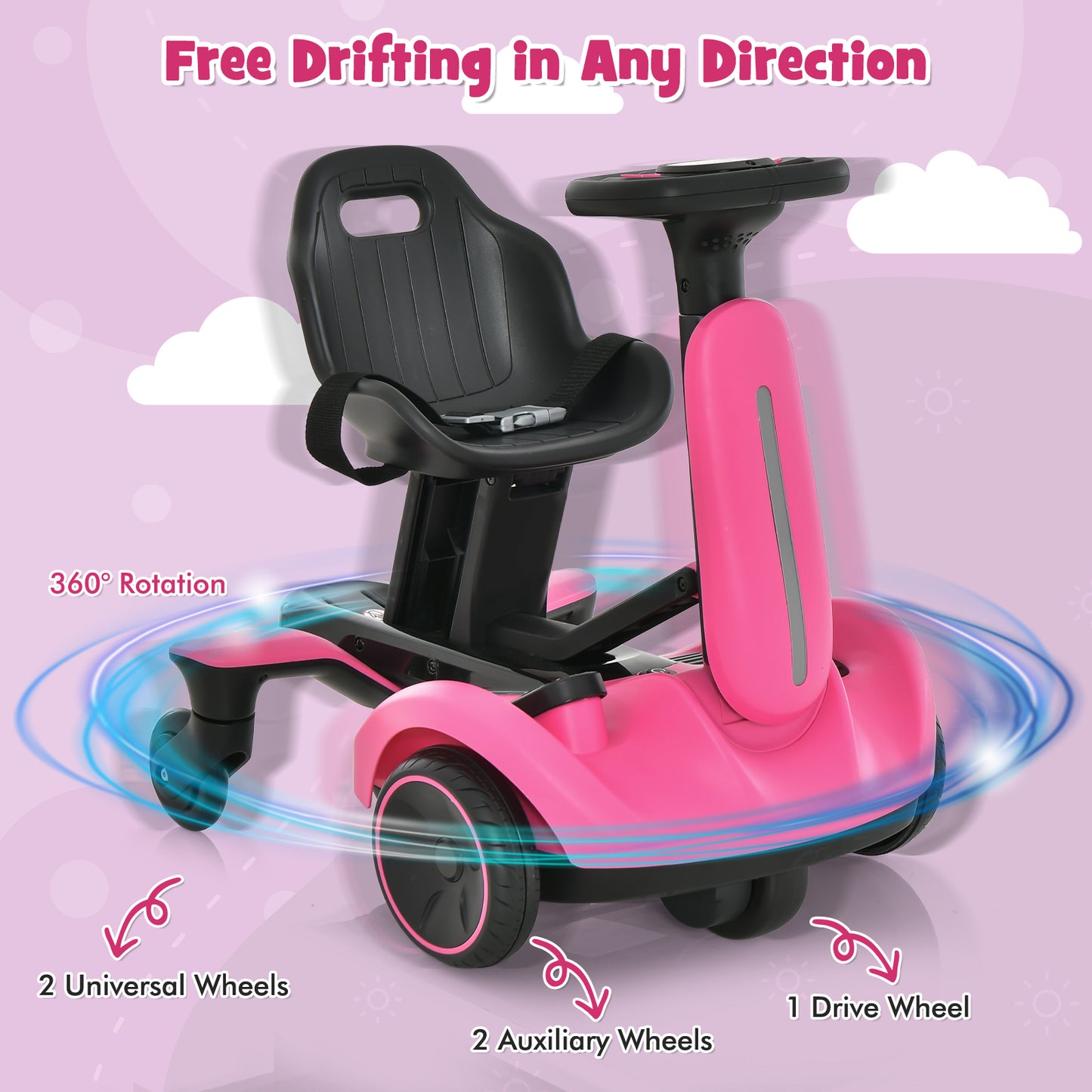 6V Kids Ride on Drift Car with 360° Spin and 2 Adjustable Heights-Pink