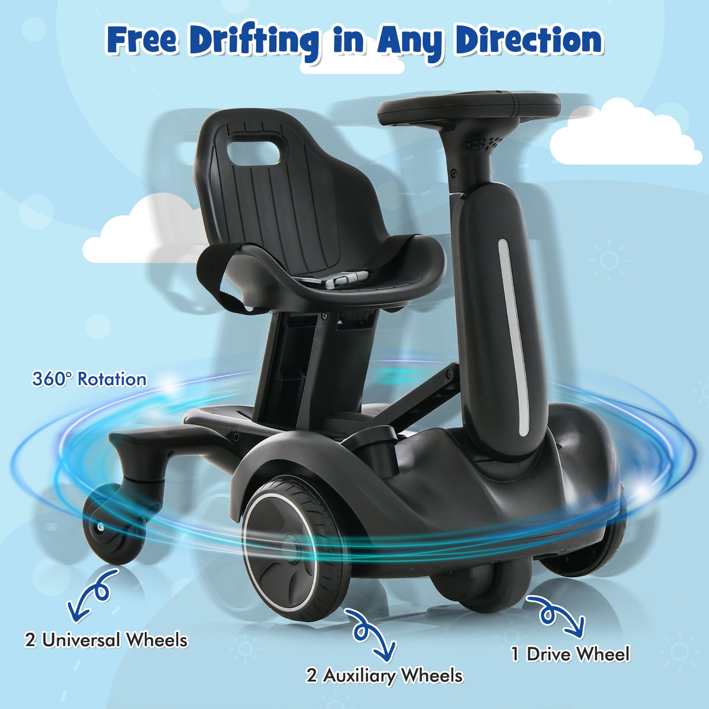 6V Kids Ride on Drift Car with 360° Spin and 2 Adjustable Heights-Black