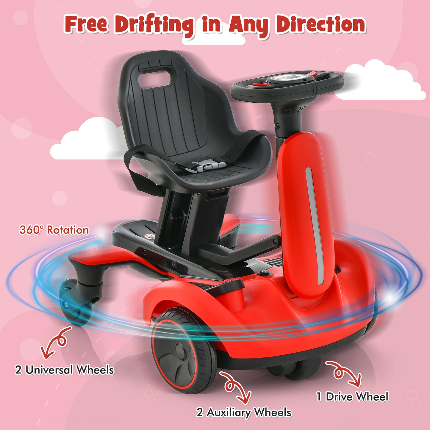 6V Kids Ride on Drift Car with 360° Spin and 2 Adjustable Heights-Red