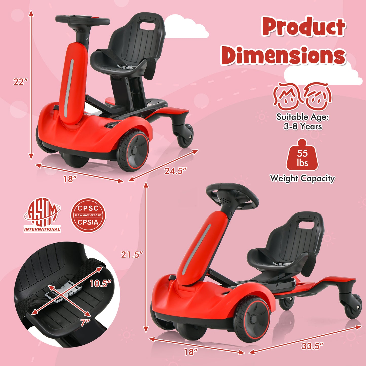 6V Kids Ride on Drift Car with 360° Spin and 2 Adjustable Heights-Red