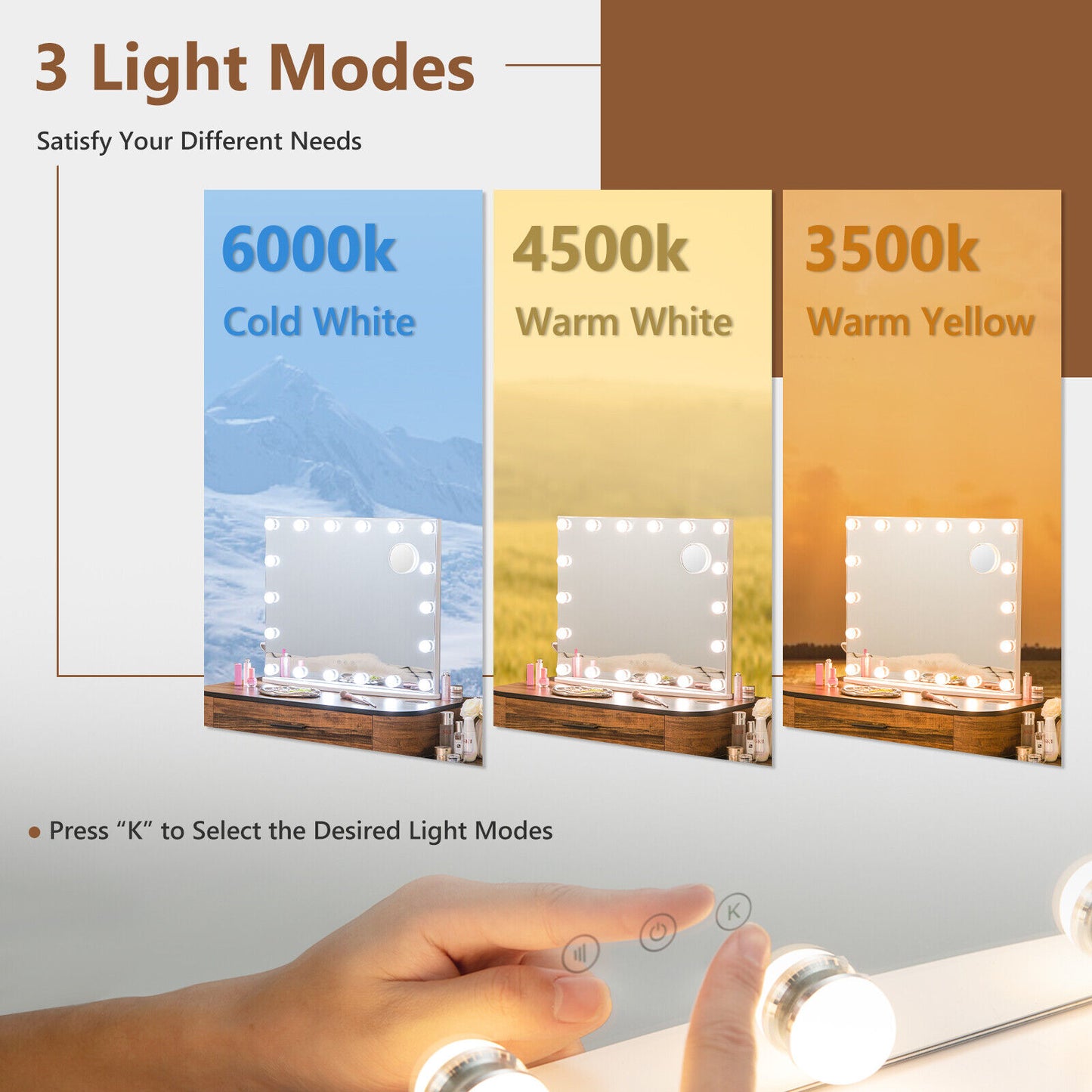 Vanity Mirror with 18 Dimmable LED Bulbs and 3 Color Lighting Modes-White Kids Crystal