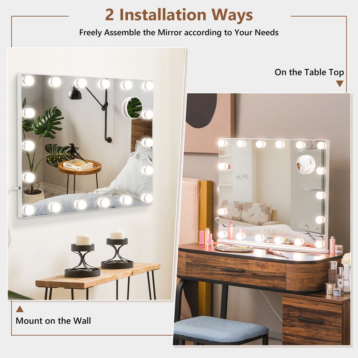 Vanity Mirror with 18 Dimmable LED Bulbs and 3 Color Lighting Modes-White Kids Crystal