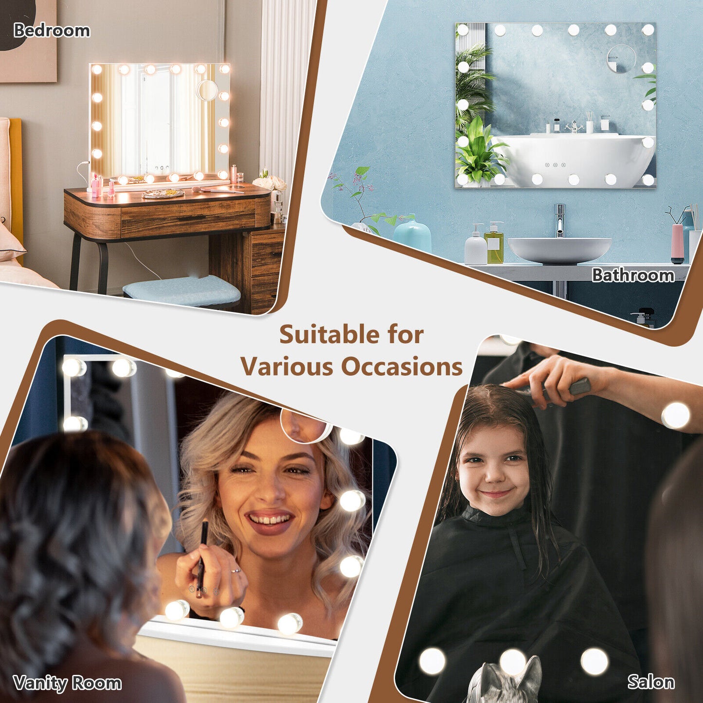 Vanity Mirror with 18 Dimmable LED Bulbs and 3 Color Lighting Modes-White Kids Crystal
