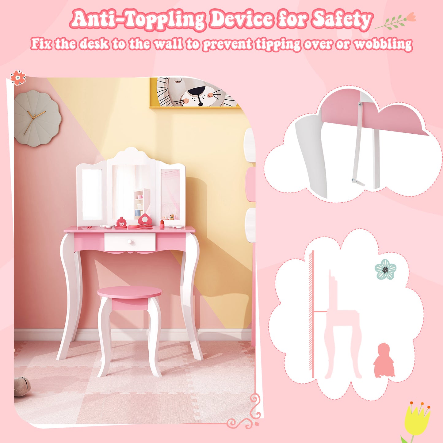 Kid's Wooden Vanity Table and Stool Set with 3-Panel Acrylic Mirror-White Kids Crystal
