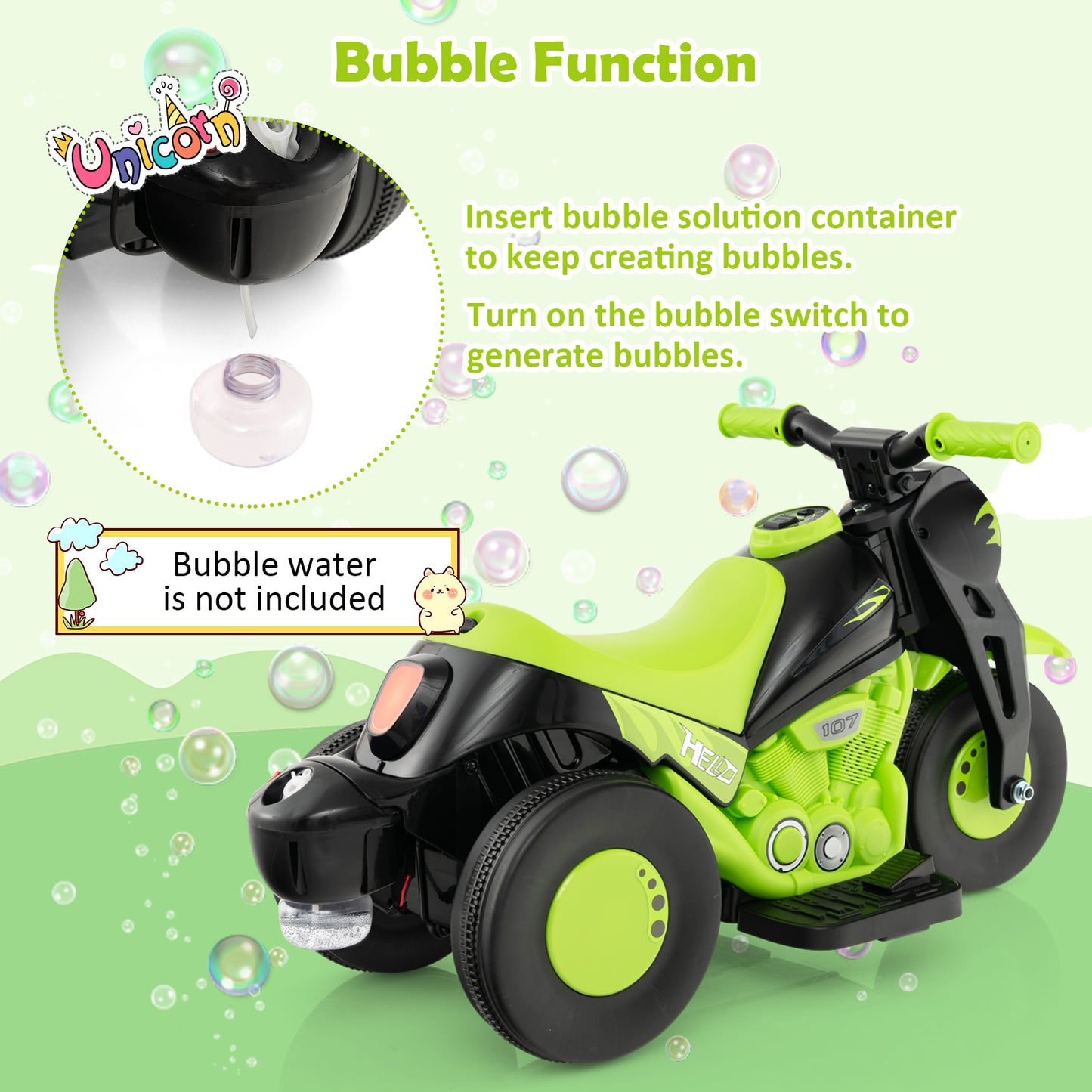 6V Kids Electric Ride on Motorcycle with Bubble Maker and Music-Green Kids Crystal