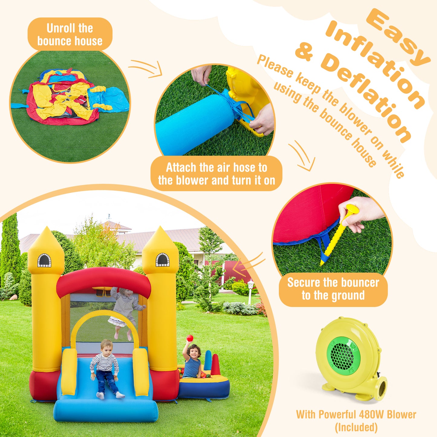 Inflatable Bounce House with 480W Blower and Ocean Balls for Yard Kids Crystal