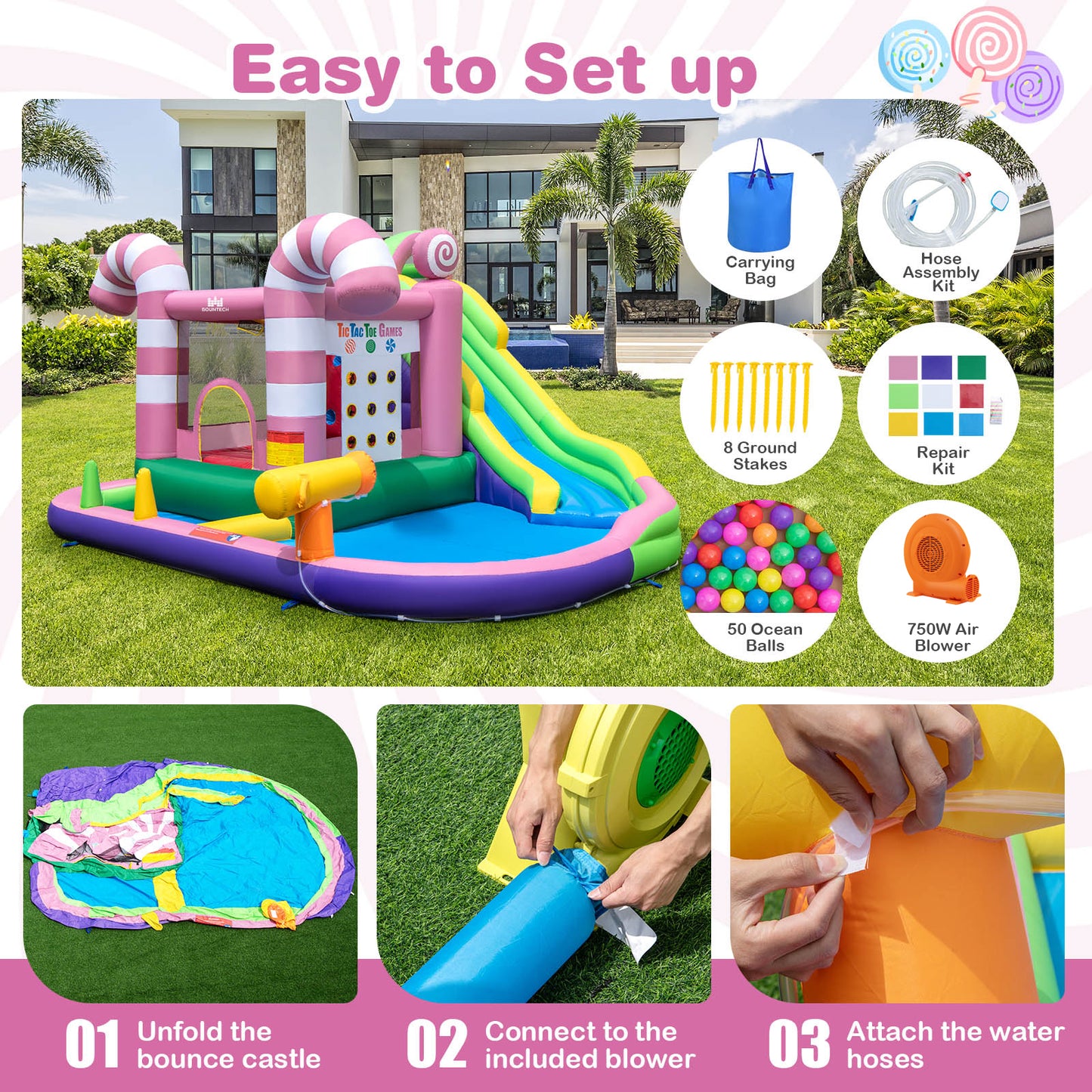 9-in-1 Inflatable Sweet Candy Water Slide Park with 680W Blower Kids Crystal