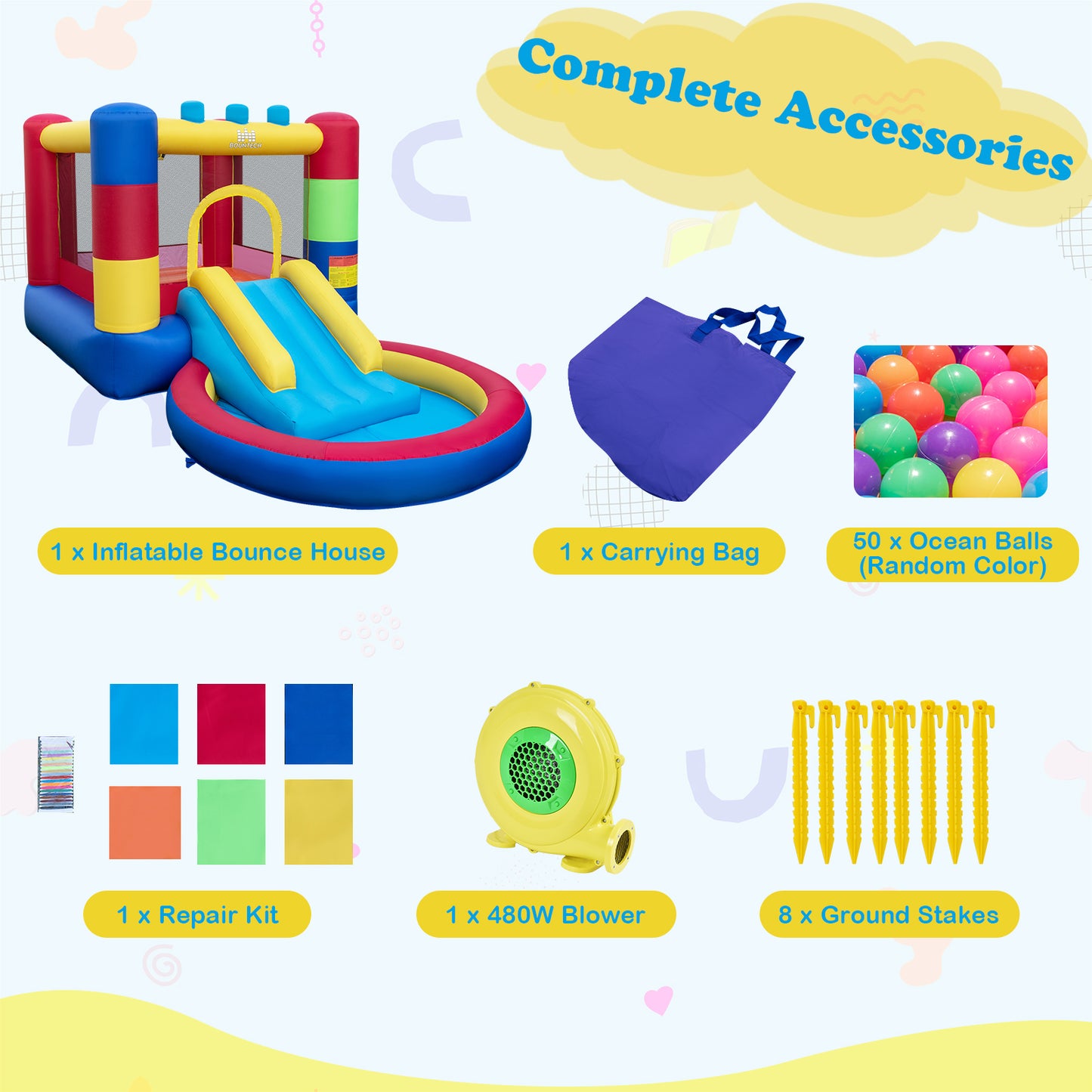 4-in-1 Jigsaw Theme Inflatable Bounce House with 480W Blower Kids Crystal